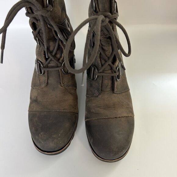 Sorel Womens Bootie Size 10 Dark Brown Joan Of Arctic Leather Wedge Boot Lace Up - Picture 6 of 12